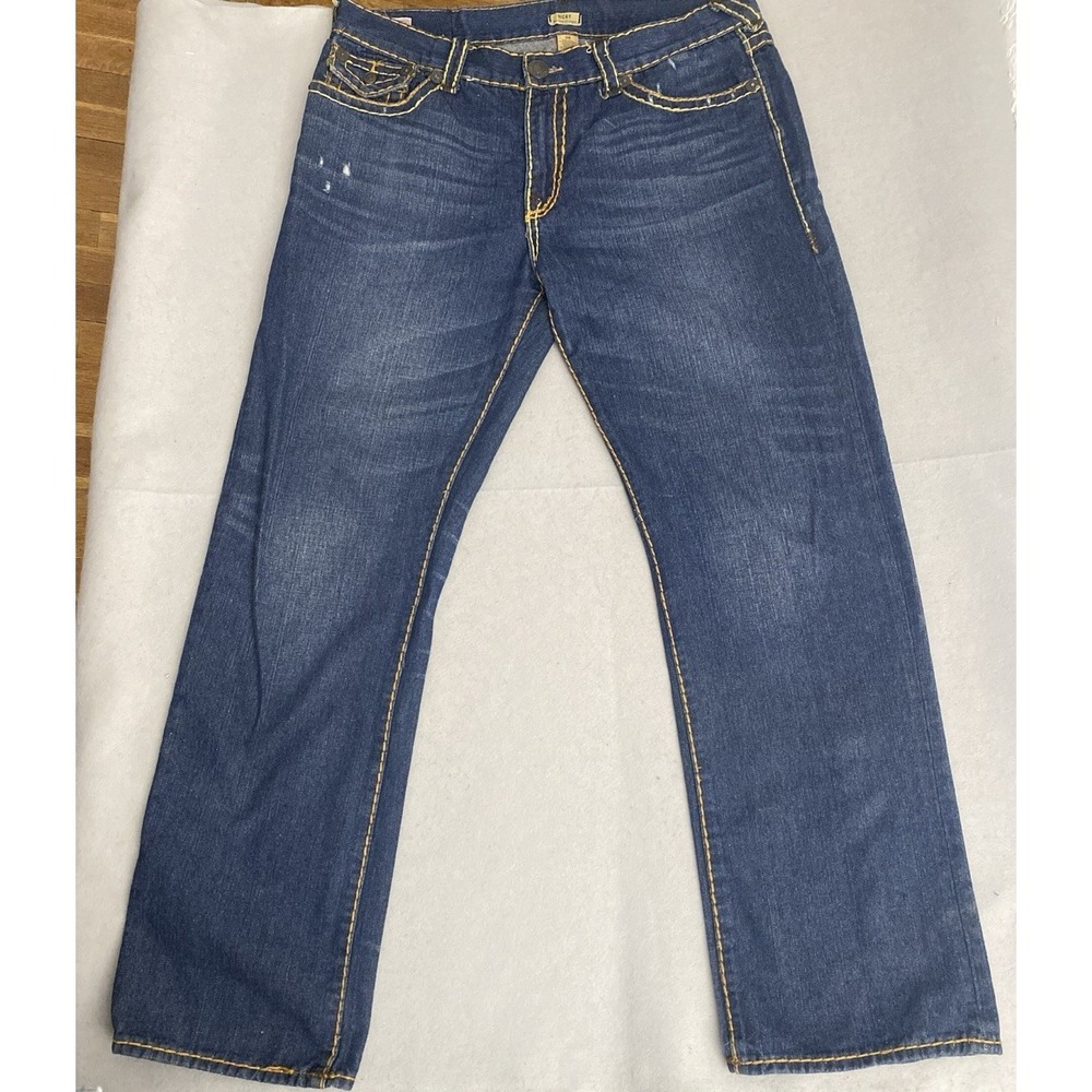 True Religion USA Men's Blue Denim Jeans Relaxed Straight 38x32 Thick Stitch